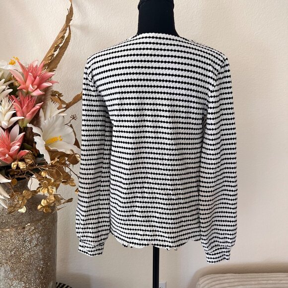 Minimalist Striped Black and White Bishop Sleeve Top with Lettuce Hem - Picture 2 of 8